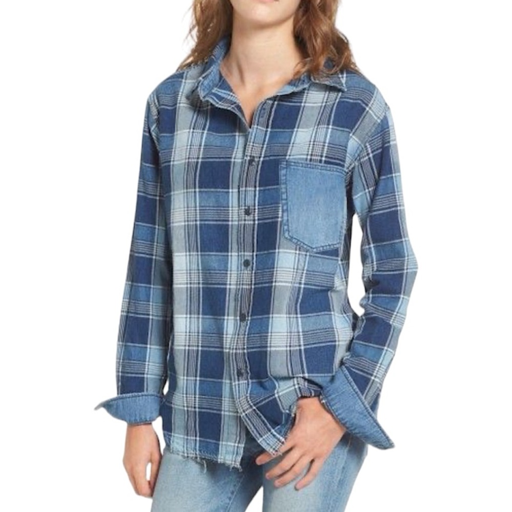 Current Elliot Plaid Denim Contrast Back Button Up Shirt Size 2